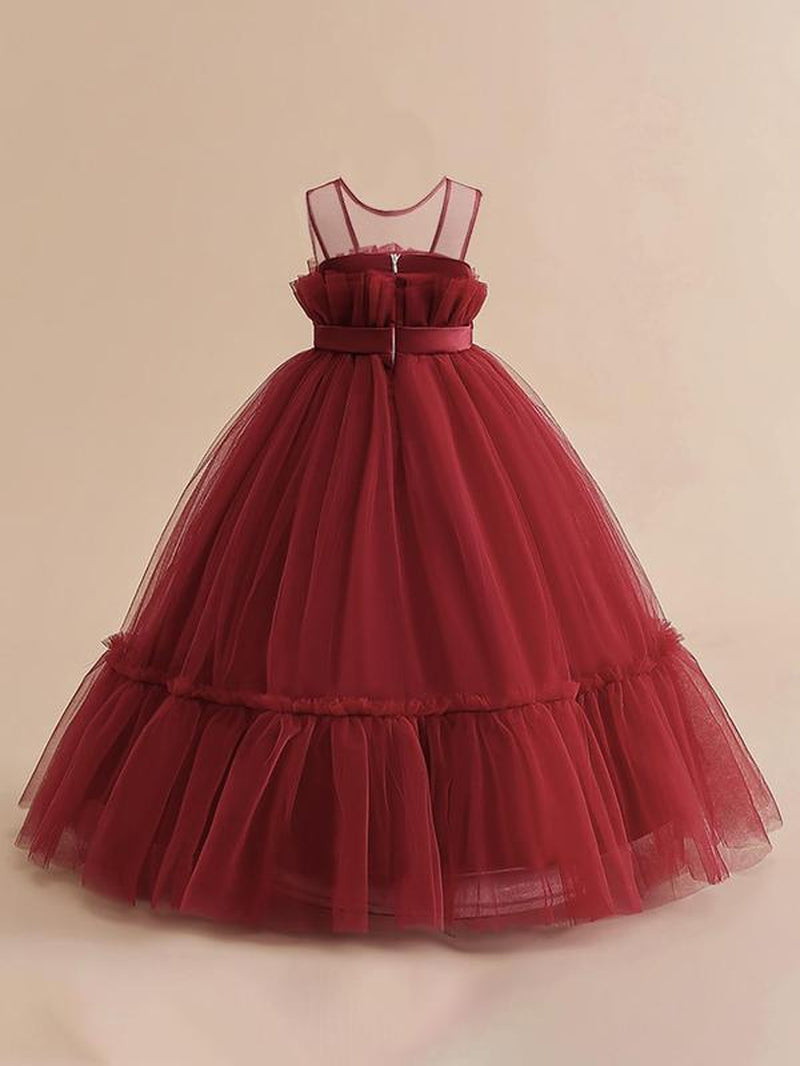 Girl'S Bow Front Sheer Ruffle Hem Fit and Flare Dress, Elegant Sleeveless round Neck Maxi Dress for Party Wedding Guest, Kids Clothes for All Seasons