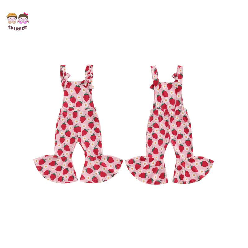 Toddler Floral Flare Leg Jumpsuit Baby Girl Bell Bottom Romper Strawberry Suspender Overall Kids Sleeveless Playsuit