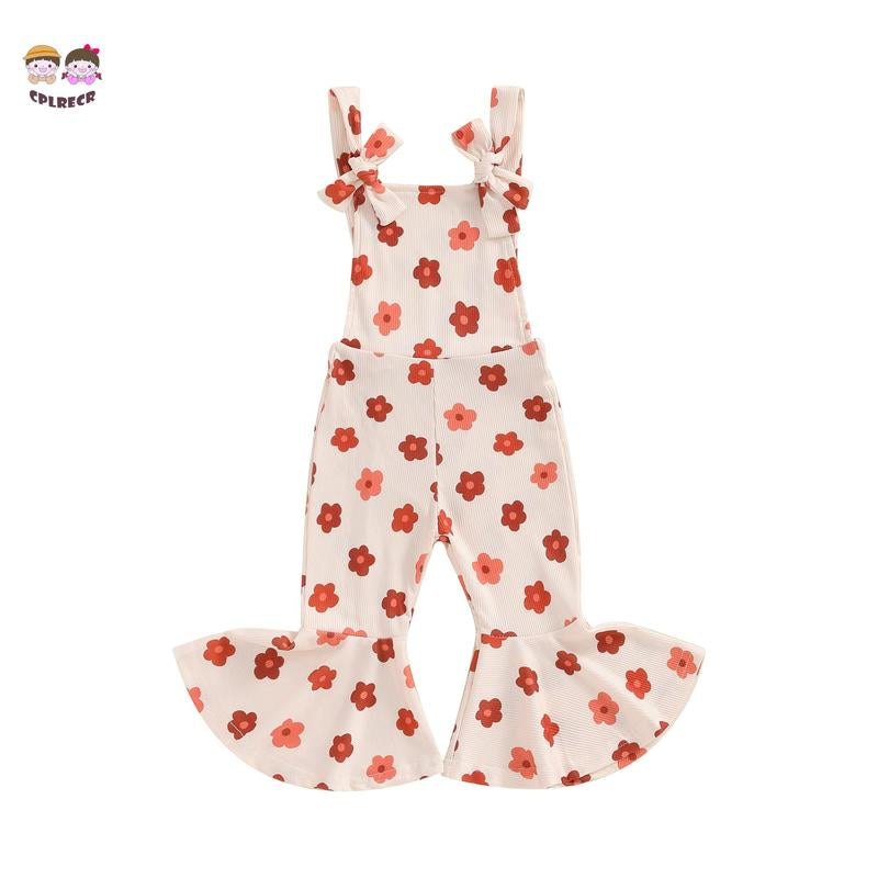 Toddler Floral Flare Leg Jumpsuit Baby Girl Bell Bottom Romper Strawberry Suspender Overall Kids Sleeveless Playsuit
