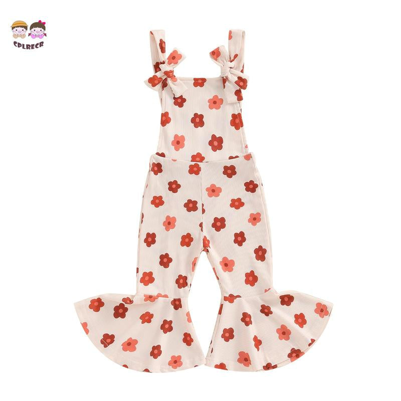 Toddler Floral Flare Leg Jumpsuit Baby Girl Bell Bottom Romper Strawberry Suspender Overall Kids Sleeveless Playsuit