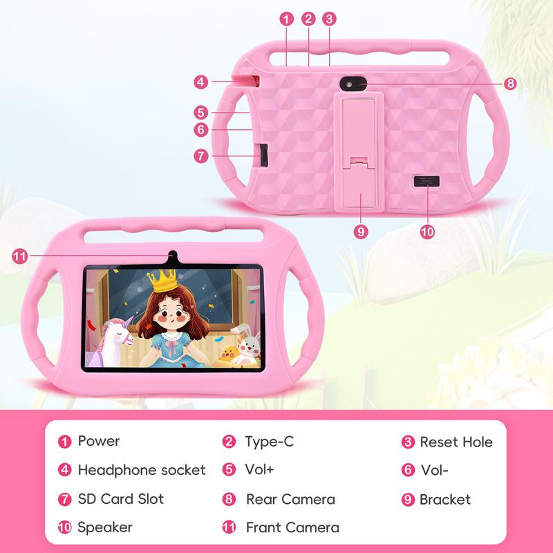 Veidoo Kids Tablet, 7-Inch Android Tablet PC, 32GB, IPS Screen, Parental Control, Learning Tablet for Toddlers Handheld Silicone Case, Plastic Card