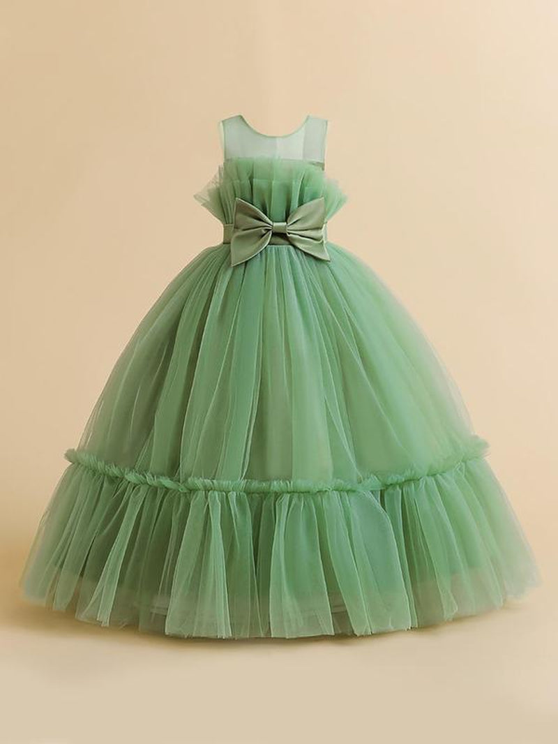 Girl'S Bow Front Sheer Ruffle Hem Fit and Flare Dress, Elegant Sleeveless round Neck Maxi Dress for Party Wedding Guest, Kids Clothes for All Seasons