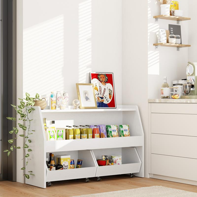 COZPAW 2 Tier White Toy Storage Organizer with Movable Drawers, Modern Design for Kids' Playrooms, Nursery, Kitchen & Bedrooms, Easy Mobility Racks Wheels Cabinet Kids
