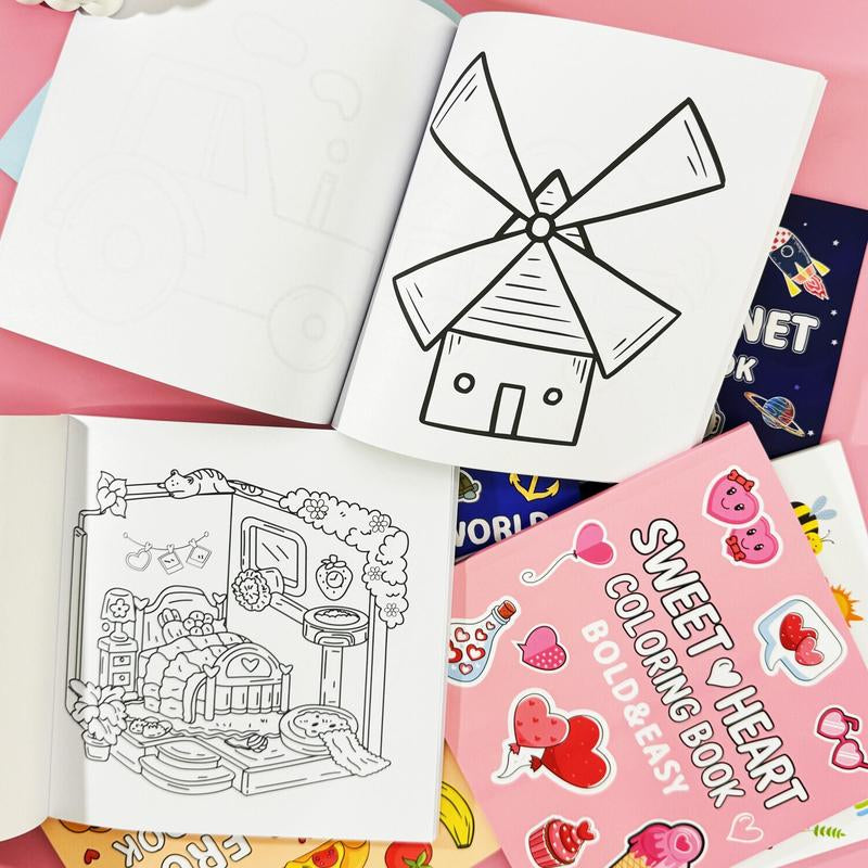 Coloring Book for Adults & Kids, 4/8 Counts Stress Relief Art Therapy with Relaxing Scenes & Cute Characters, Perfect Gift for All Ages