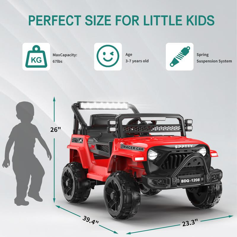 12V 24V Electric Ride Remote Car, Battery Powered Wheels Off-Road Vehicle, LED Lights, MP3 Player, Spring Suspension, Ride on Car for Kids Gift