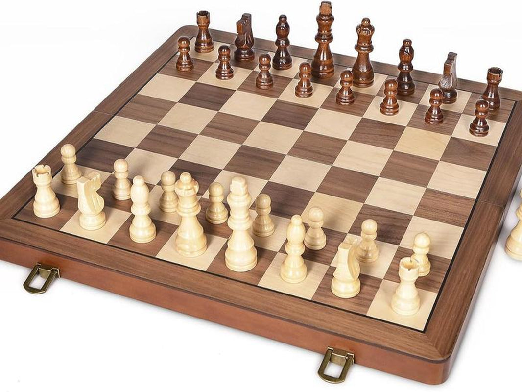 15" Wooden Chess Set with Magnetic Pieces - Extra Queens - Folding Chessboard Portable Travel Tournament Chess Board Games for Adults Kids