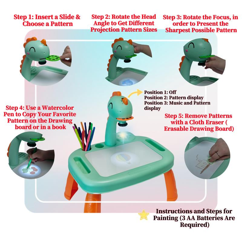 Kids' Projection Drawing Board, 72 Patterns & Music, Dinasour Drawing Projector, Limited Edition Color, Ideal for Children over 3 Years Old