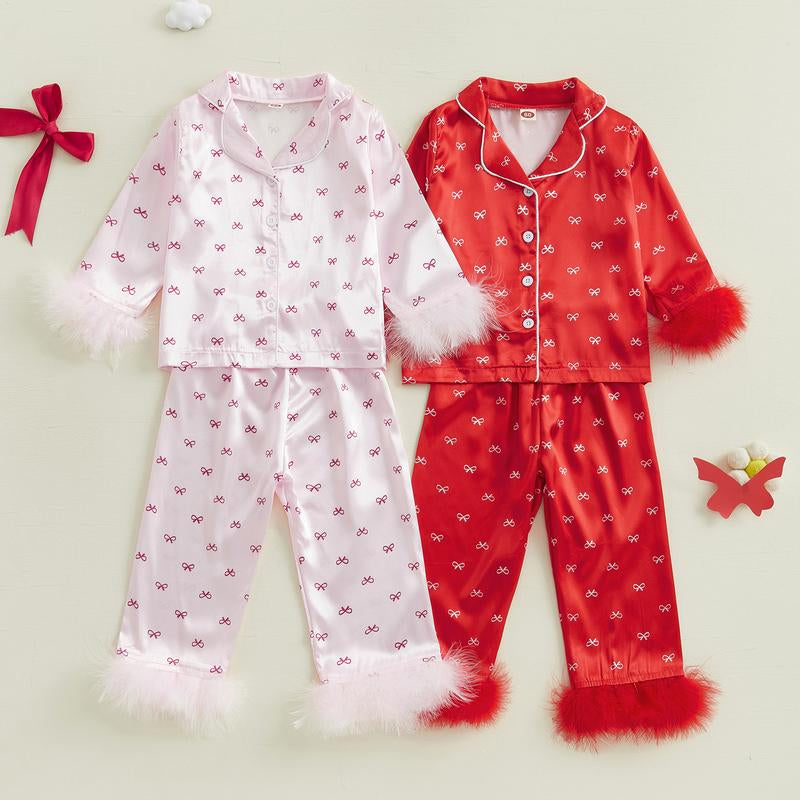 Girls 2PCS Pajama Sets Long Sleeve Lapel Push Cuff Bow Print Shirt Pants Sleepwear Toddler Baby Girl Boy Silk Satin Pajamas Set Button down Pjs Kids Long Sleeve Shirt Pants Pjs