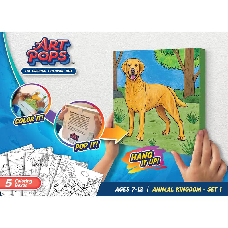 Animal Kingdom - Set 1 (5-Pack) Coloring Boxes for Kids with 5 Pre-Printed Artpops, Inspirational Messages, and Easy Pop-Up Assembly