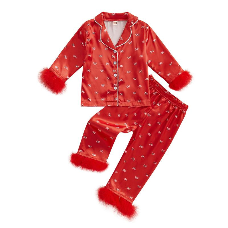 Girls 2PCS Pajama Sets Long Sleeve Lapel Push Cuff Bow Print Shirt Pants Sleepwear Toddler Baby Girl Boy Silk Satin Pajamas Set Button down Pjs Kids Long Sleeve Shirt Pants Pjs