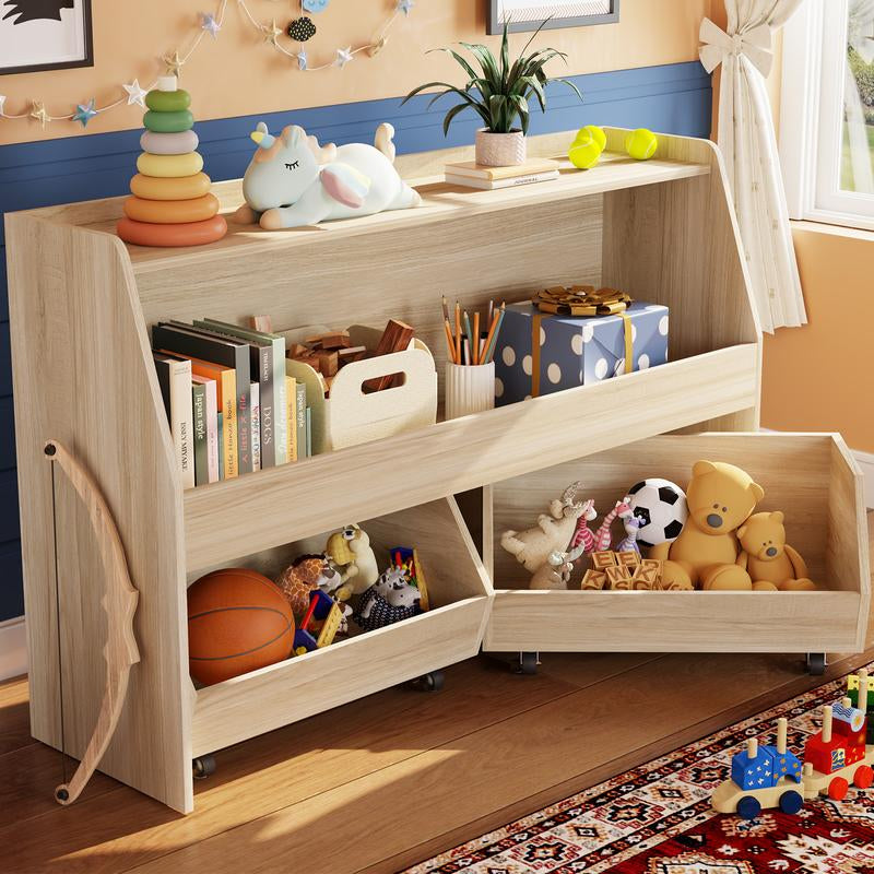 COZPAW 2 Tier White Toy Storage Organizer with Movable Drawers, Modern Design for Kids' Playrooms, Nursery, Kitchen & Bedrooms, Easy Mobility Racks Wheels Cabinet Kids