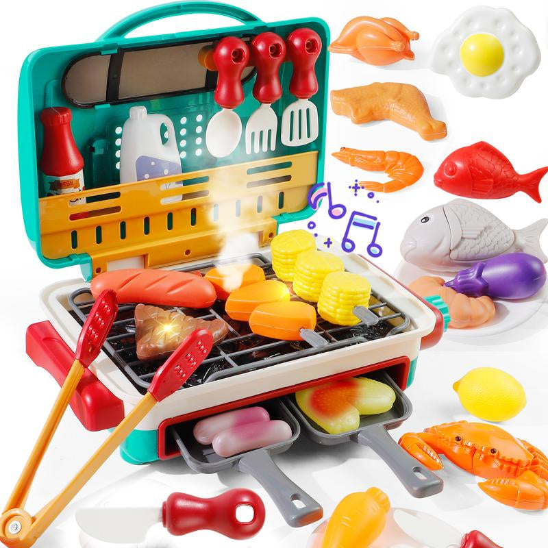 Kids BBQ Grill Toy Set with Smoke & Light, Interactive Barbecue Cooking Playset for Toddlers 3-5, Includes Hamburger, Sound Effects & Food Accessories