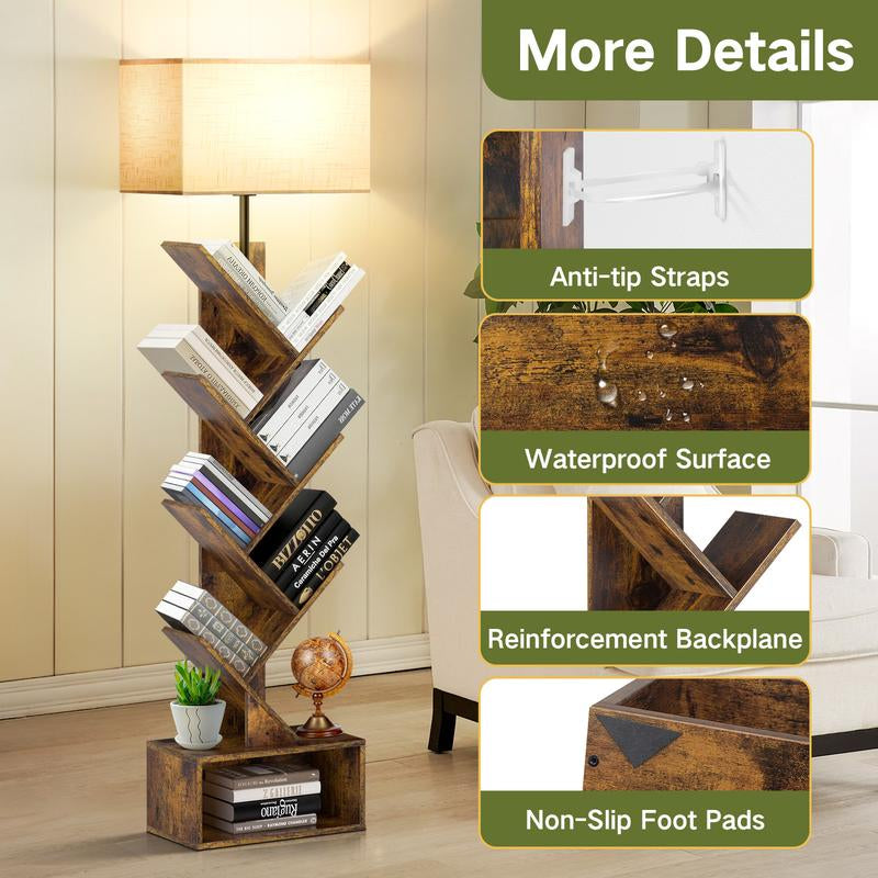 6 Tier Tree Bookshelf with Light & Remote,Narrow Bookcase Tower for Books/Cds/Movies, with Storage Cabinet for Living Room, Bedroom &Office Modern Design