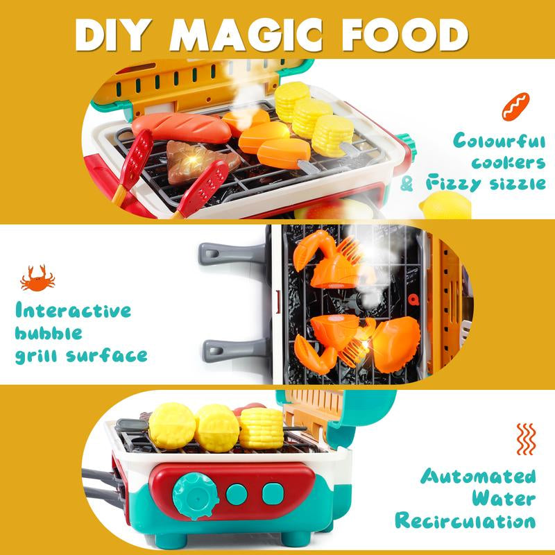 Kids BBQ Grill Toy Set with Smoke & Light, Interactive Barbecue Cooking Playset for Toddlers 3-5, Includes Hamburger, Sound Effects & Food Accessories