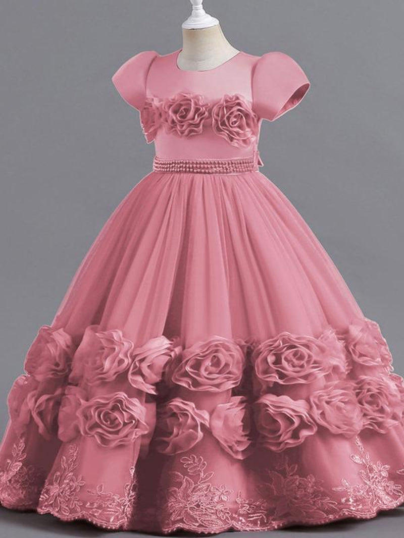 Girl'S Floral Appliques Faux Pearls Decor Bow Decor Tulle Dress, Elegant Short Sleeve round Neck a Line Dress for Party Evening, Kids Clothes for All Seasons