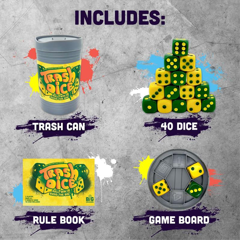 Trash Dice - Fast-Paced Family Dice Game | Exciting 2-Player Board and Dice Game with Trash Can and Dice Set | for Travel, Party, and Games Night