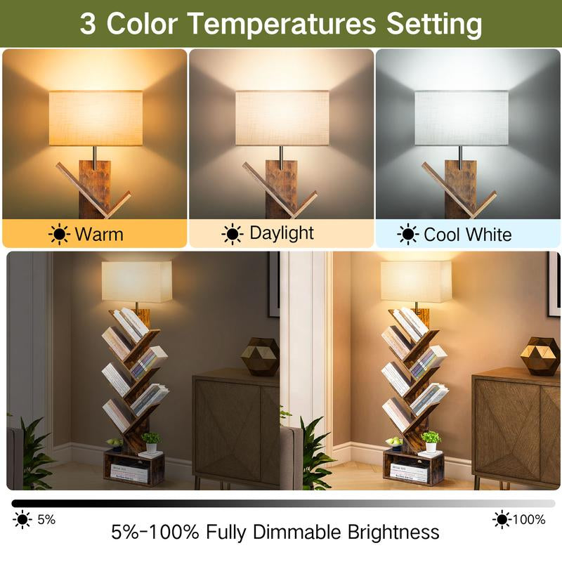 6 Tier Tree Bookshelf with Light & Remote,Narrow Bookcase Tower for Books/Cds/Movies, with Storage Cabinet for Living Room, Bedroom &Office Modern Design