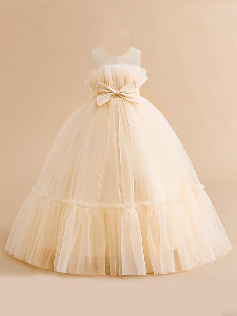 Girl'S Bow Front Sheer Ruffle Hem Fit and Flare Dress, Elegant Sleeveless round Neck Maxi Dress for Party Wedding Guest, Kids Clothes for All Seasons