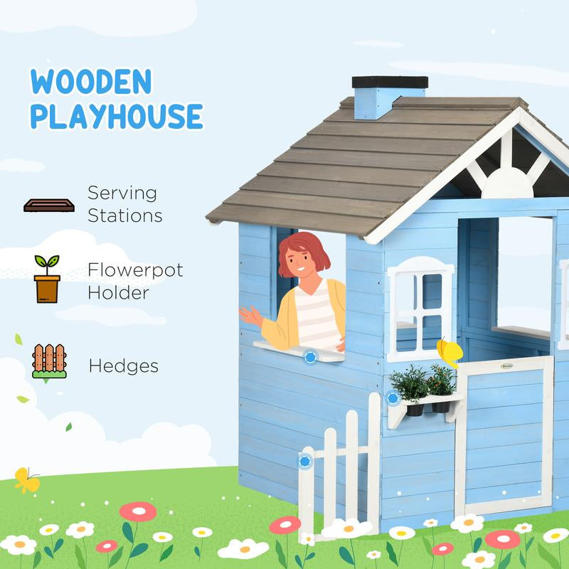 Outsunny Playhouse for Kids Outdoor, Country Style Wooden Playhouse with Flower Pot Holders, Working Door, Windows, Service Stations for 3-7 Years
