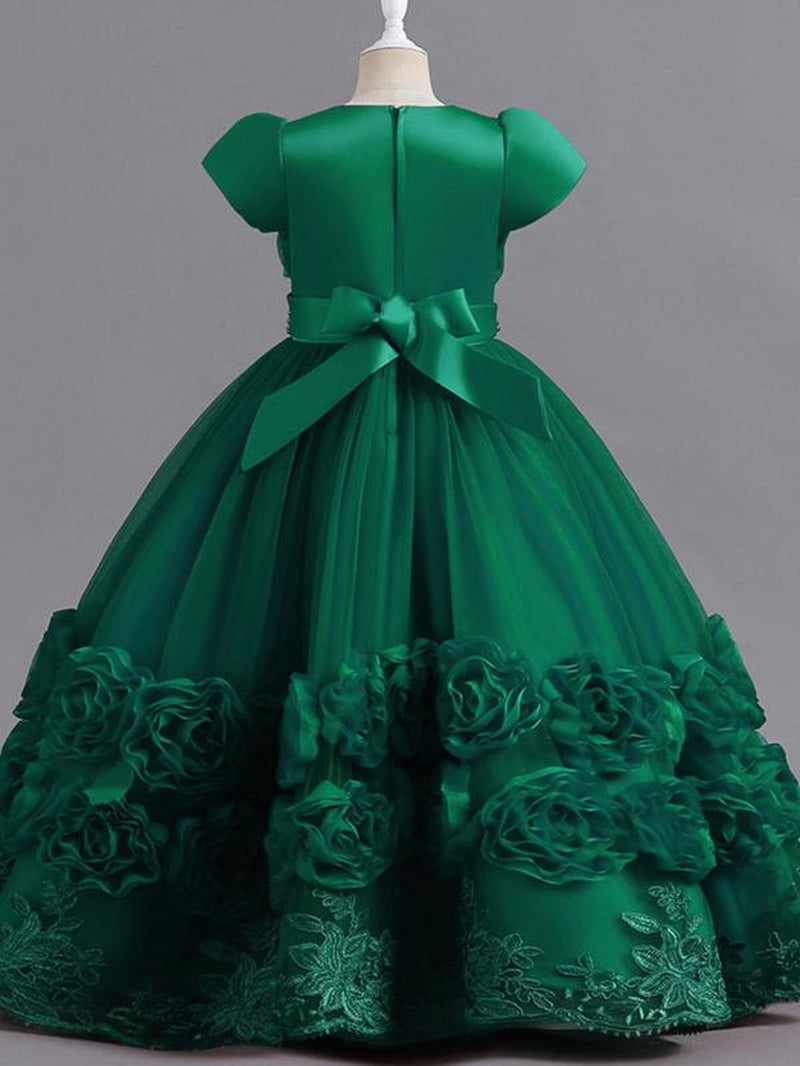 Girl'S Floral Appliques Faux Pearls Decor Bow Decor Tulle Dress, Elegant Short Sleeve round Neck a Line Dress for Party Evening, Kids Clothes for All Seasons