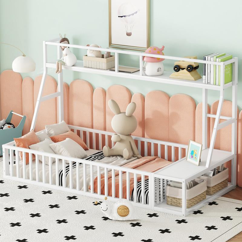 (Twin/Full) Size Floor Bed Frame with Safety Fence, Metal Floor Bed with Desk and Storage Shelves, (White/Black )