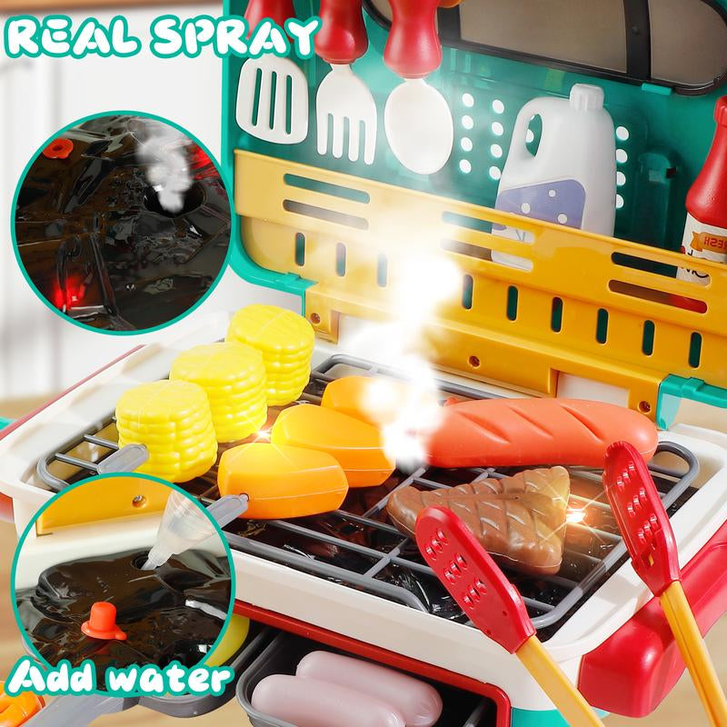 Kids BBQ Grill Toy Set with Smoke & Light, Interactive Barbecue Cooking Playset for Toddlers 3-5, Includes Hamburger, Sound Effects & Food Accessories