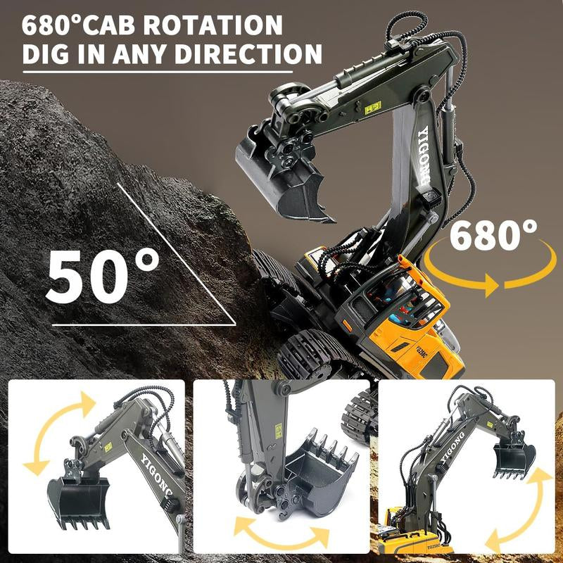 11 Channel Remote Control Excavator, RC Building Toy with Metal Shovel, Light, Sound, 2.4Ghz, Rotation 680 Degrees - Children'S Birthday Gift