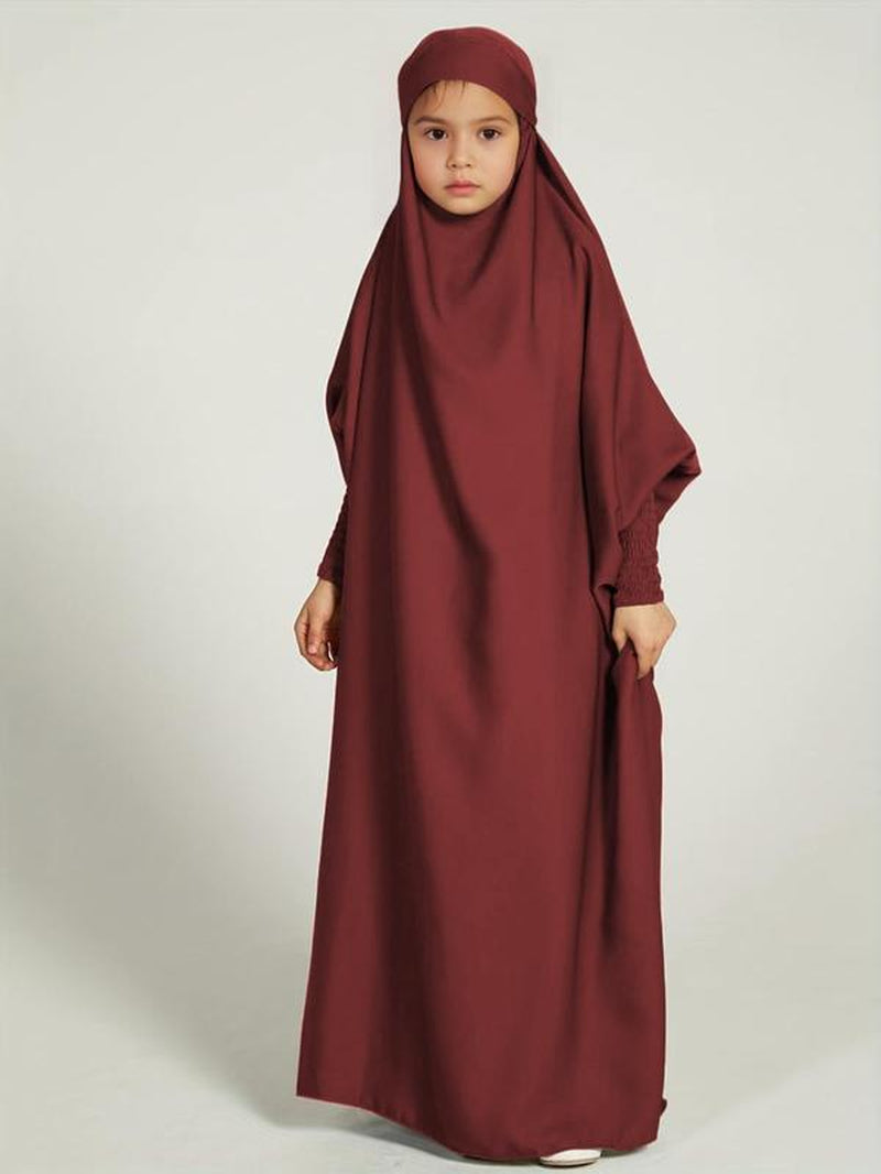 Girl'S Solid Batwing Sleeve Tie Back Hoodie Abaya Dress, Modest Outfits, Casual Long Sleeve Elastic Cuff Loose Dress for Kids, Summer Outfits 2024, Kids Clothing for Summer