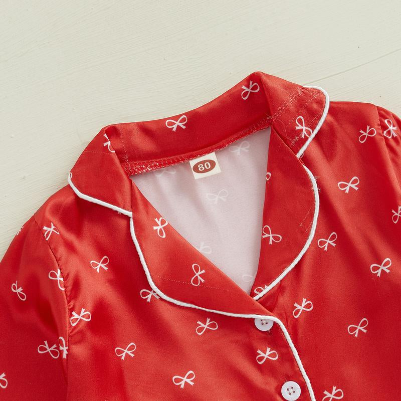 Girls 2PCS Pajama Sets Long Sleeve Lapel Push Cuff Bow Print Shirt Pants Sleepwear Toddler Baby Girl Boy Silk Satin Pajamas Set Button down Pjs Kids Long Sleeve Shirt Pants Pjs