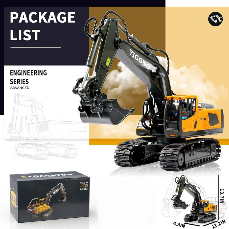 11 Channel Remote Control Excavator, RC Building Toy with Metal Shovel, Light, Sound, 2.4Ghz, Rotation 680 Degrees - Children'S Birthday Gift