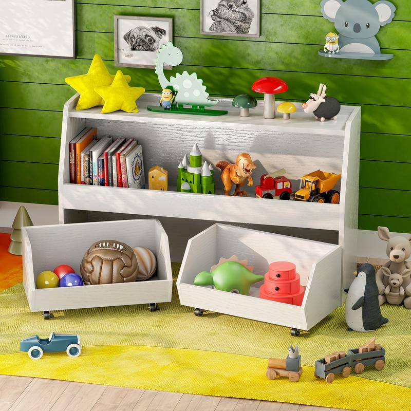 COZPAW 2 Tier White Toy Storage Organizer with Movable Drawers, Modern Design for Kids' Playrooms, Nursery, Kitchen & Bedrooms, Easy Mobility Racks Wheels Cabinet Kids
