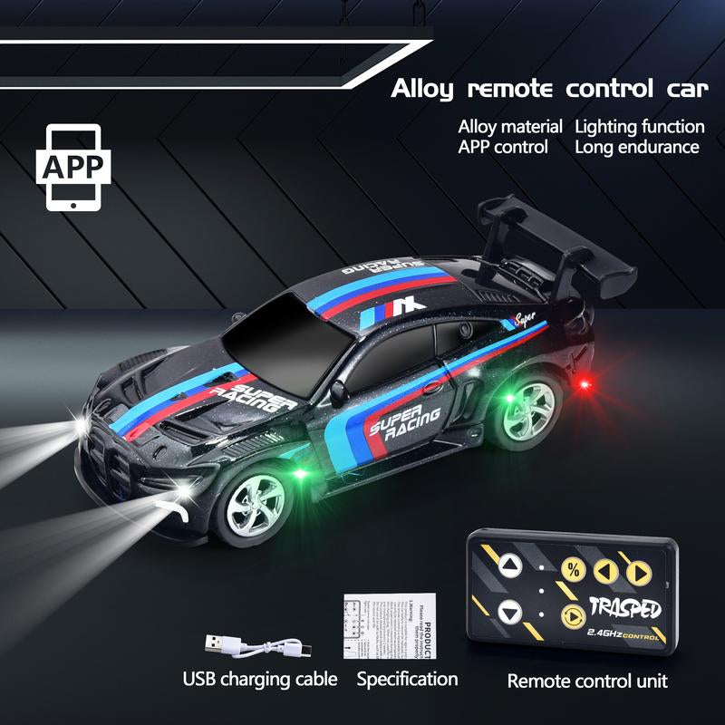 Hotfree 1/64 Mini RC Drift Car, Alloy M4 Racing Car with Trailer, 2.4Ghz Remote & APP Control, 3-Speed Modes, LED Lights, USB-C Charging, Indoor & Outdoor Toy, Birthday Christmas Gift for Kids & Adults Springtok