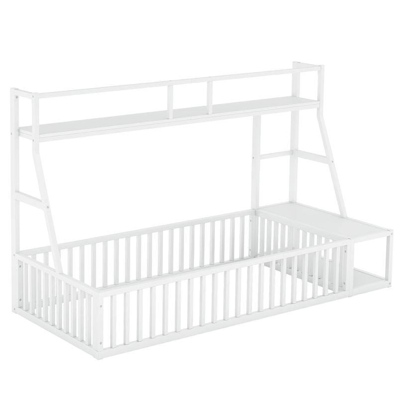 (Twin/Full) Size Floor Bed Frame with Safety Fence, Metal Floor Bed with Desk and Storage Shelves, (White/Black )