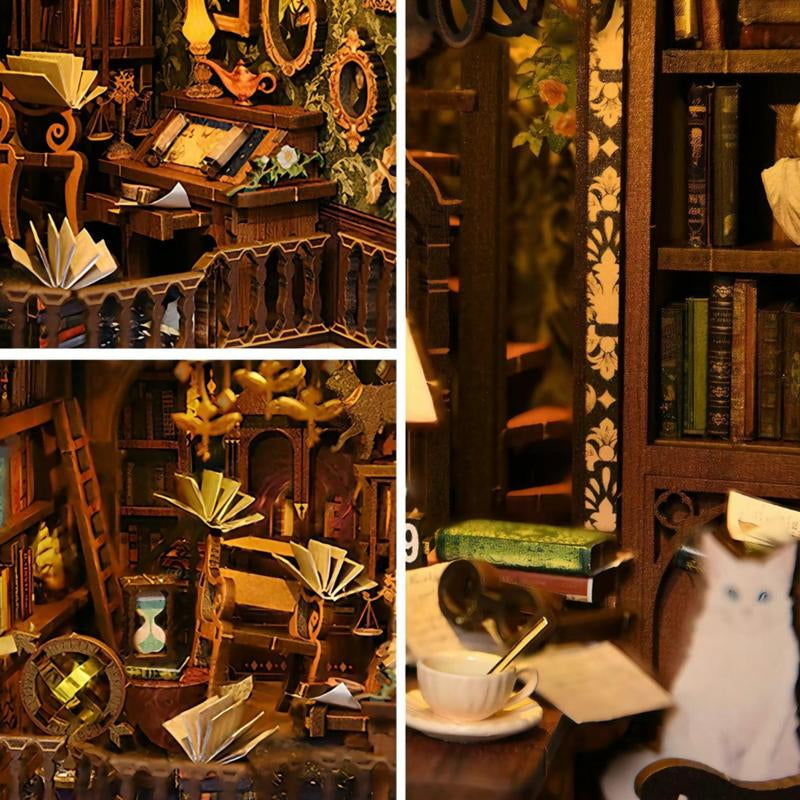 DIY Wooden Miracle Library Book Corner Kit, 1 Miniature Glowing Dollhouse Puzzle, Creative Gift Weix for Friends & Family, Glue & Electric Dust Cover Included ... Wooden Book Nook Kit Woodwork