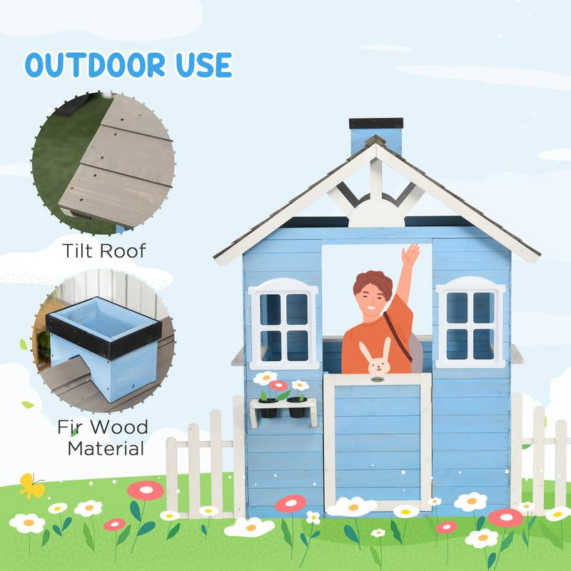 Outsunny Playhouse for Kids Outdoor, Country Style Wooden Playhouse with Flower Pot Holders, Working Door, Windows, Service Stations for 3-7 Years