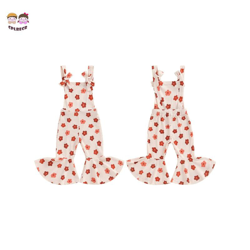 Toddler Floral Flare Leg Jumpsuit Baby Girl Bell Bottom Romper Strawberry Suspender Overall Kids Sleeveless Playsuit