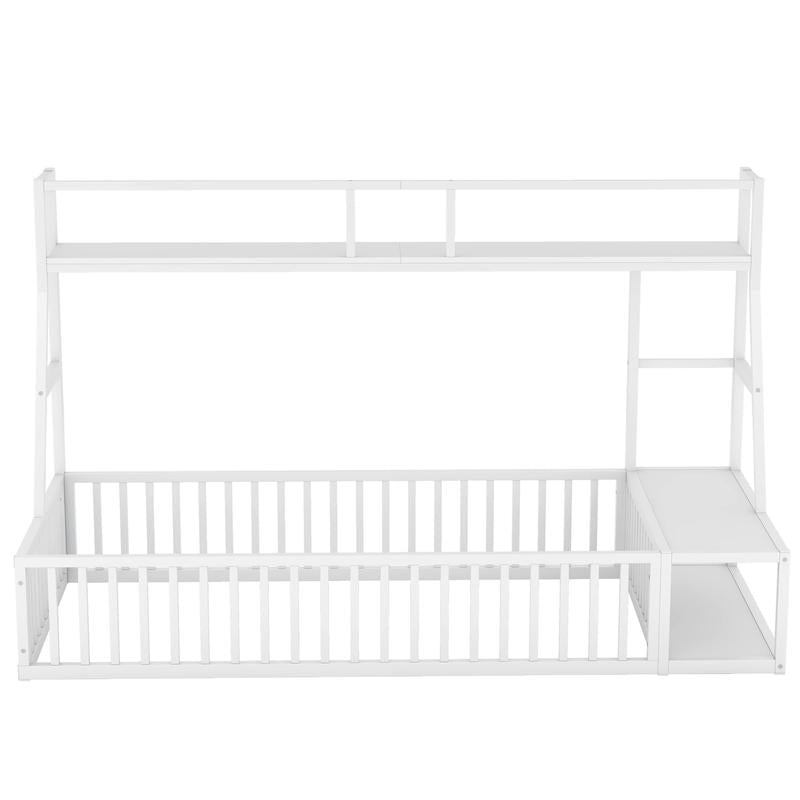 (Twin/Full) Size Floor Bed Frame with Safety Fence, Metal Floor Bed with Desk and Storage Shelves, (White/Black )