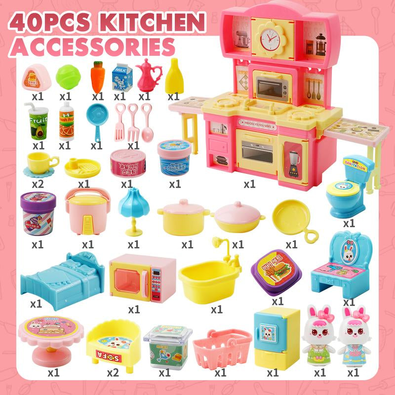 Mini Kitchen Playset Toy for Kids Girls Play Kitchen Set Toddler Pretend Kitchen with Cooking Stove, Play Sink, Play Food