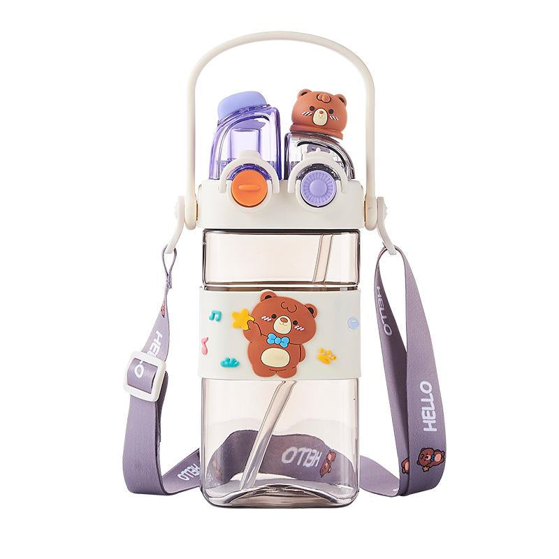 Cartoon Pattern Children'S Drinking Cup 1 Large Capacity Water Bottle Two Drinking Methods Home Office School Drinking Cup with Straw Lanyard Children'S Gift