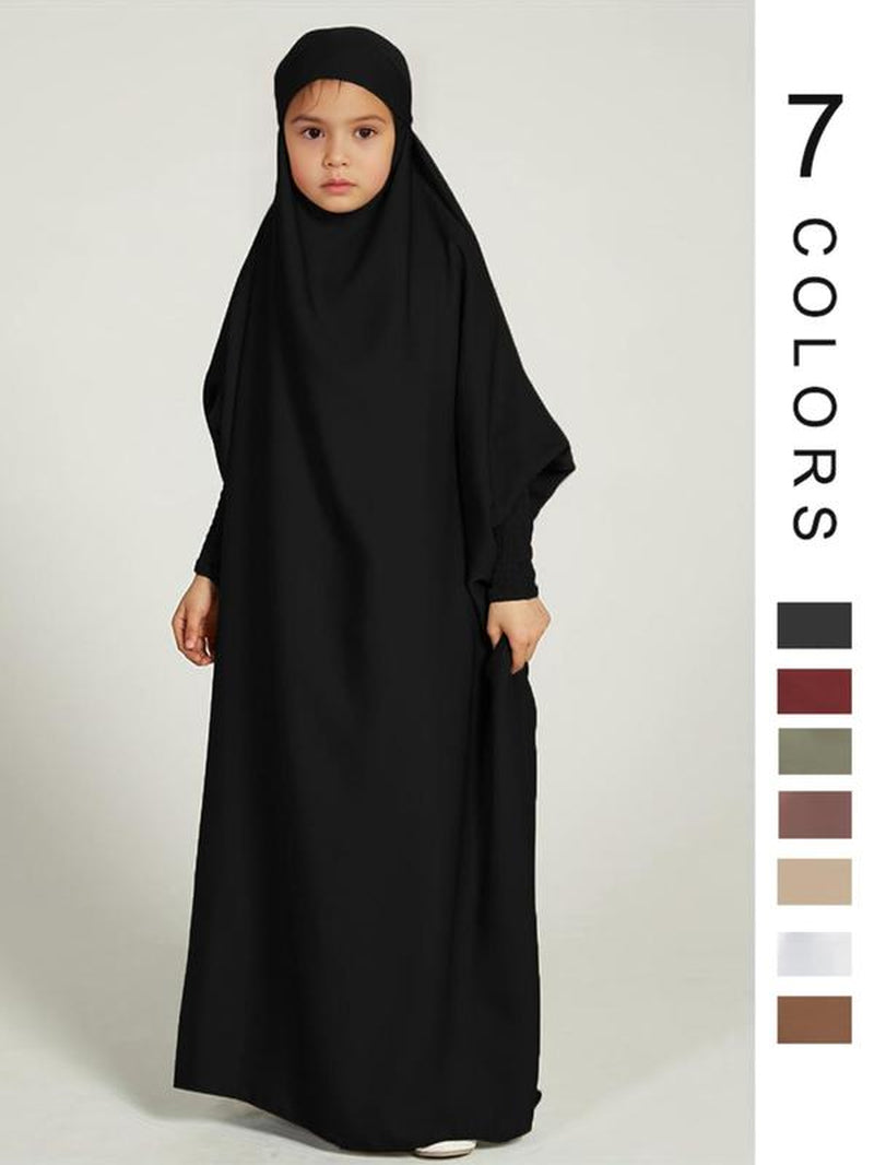 Girl'S Solid Batwing Sleeve Tie Back Hoodie Abaya Dress, Modest Outfits, Casual Long Sleeve Elastic Cuff Loose Dress for Kids, Summer Outfits 2024, Kids Clothing for Summer
