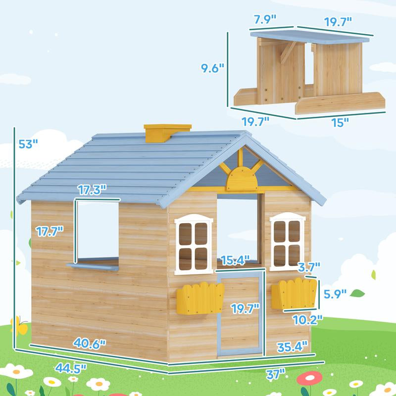 Outsunny Playhouse for Kids Outdoor, Country Style Wooden Playhouse with Flower Pot Holders, Working Door, Windows, Service Stations for 3-7 Years