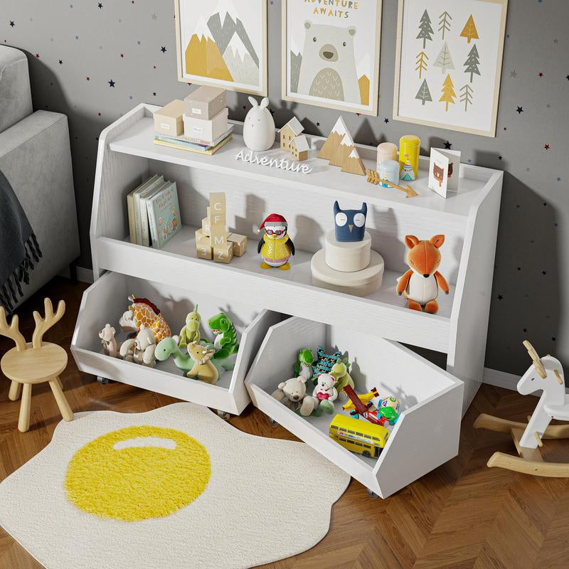 COZPAW 2 Tier White Toy Storage Organizer with Movable Drawers, Modern Design for Kids' Playrooms, Nursery, Kitchen & Bedrooms, Easy Mobility Racks Wheels Cabinet Kids