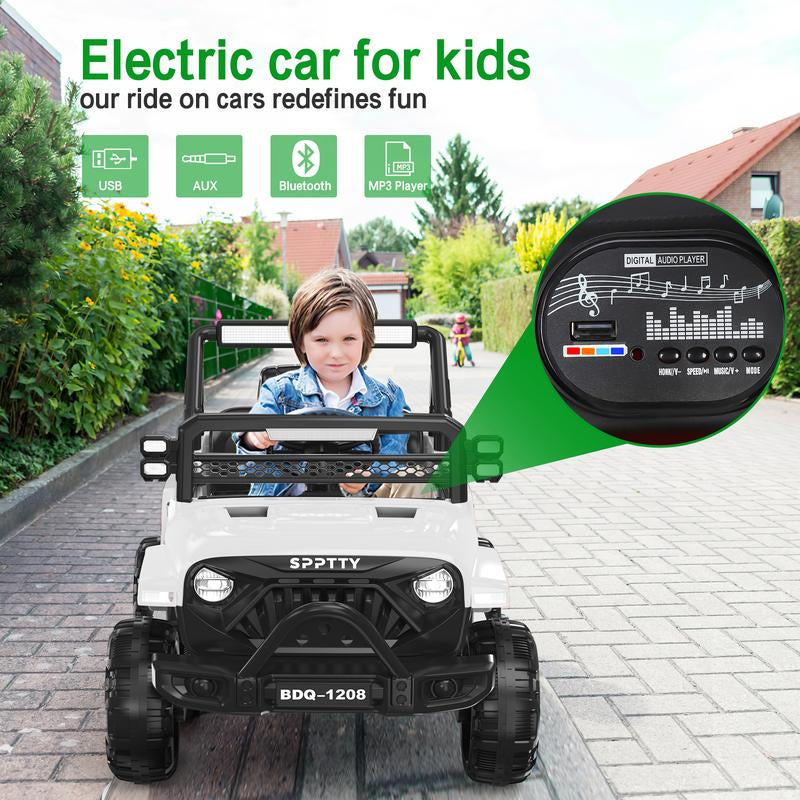 12V 24V Electric Ride Remote Car, Battery Powered Wheels Off-Road Vehicle, LED Lights, MP3 Player, Spring Suspension, Ride on Car for Kids Gift