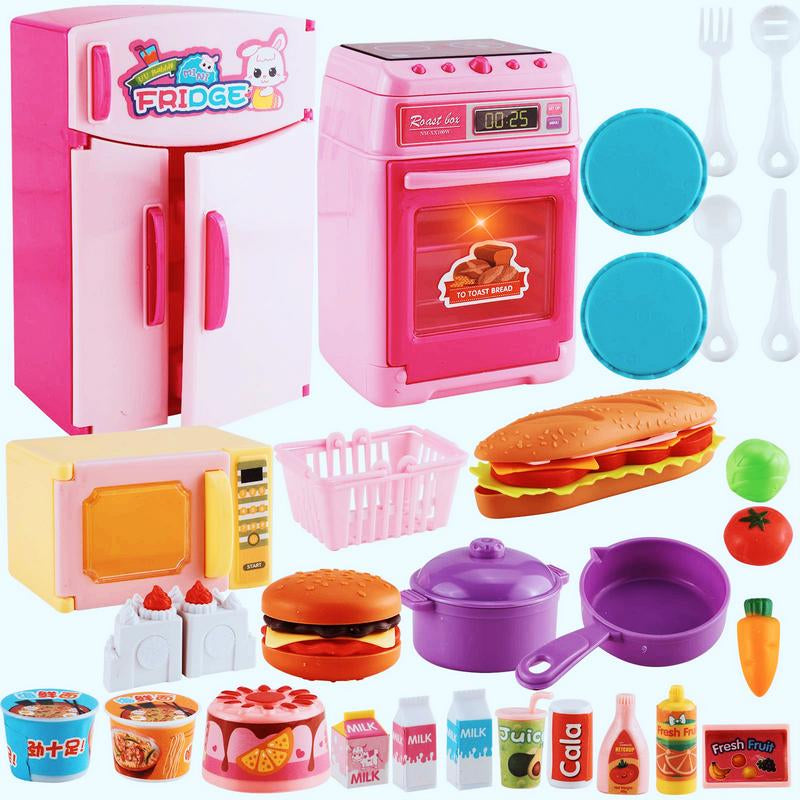 Kids Kitchen Home Appliance Toy Set for Girls, Includes Juicer, Vacuum Cleaner, Washing Machine, Sewing Machine, Iron, Refrigerator, Oven, and Mixer