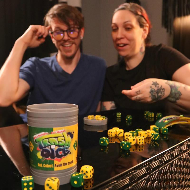 Trash Dice - Fast-Paced Family Dice Game | Exciting 2-Player Board and Dice Game with Trash Can and Dice Set | for Travel, Party, and Games Night