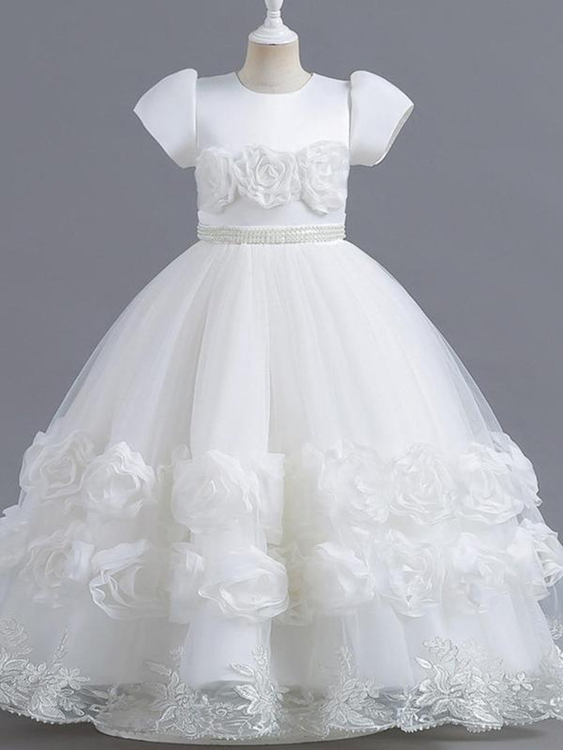 Girl'S Floral Appliques Faux Pearls Decor Bow Decor Tulle Dress, Elegant Short Sleeve round Neck a Line Dress for Party Evening, Kids Clothes for All Seasons