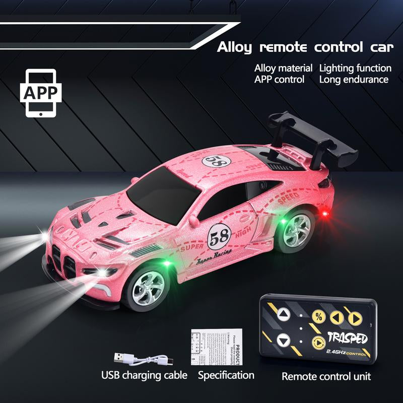 Hotfree 1/64 Mini RC Drift Car, Alloy M4 Racing Car with Trailer, 2.4Ghz Remote & APP Control, 3-Speed Modes, LED Lights, USB-C Charging, Indoor & Outdoor Toy, Birthday Christmas Gift for Kids & Adults Springtok