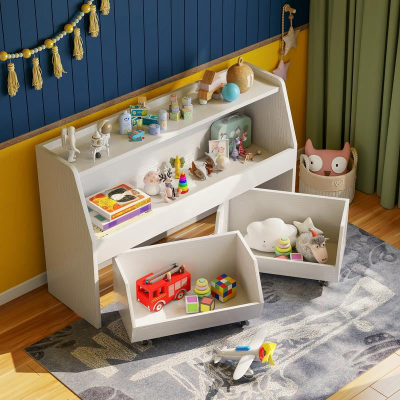 COZPAW 2 Tier White Toy Storage Organizer with Movable Drawers, Modern Design for Kids' Playrooms, Nursery, Kitchen & Bedrooms, Easy Mobility Racks Wheels Cabinet Kids