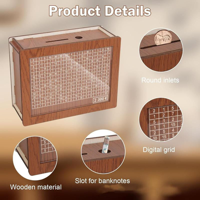 Wooden Cash Saver Money Box, Cash Vault Wooden Savings Box with Counter, Money Target, and Numbers, Perfect for $10,000/$2000 Savings Goal, Halloween, and Christmas Gifts.