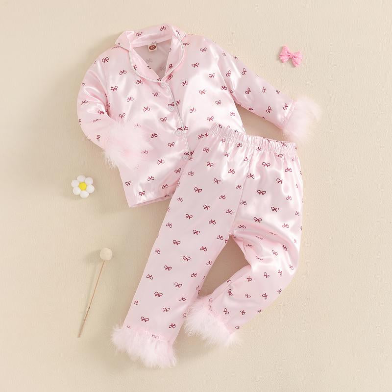 Girls 2PCS Pajama Sets Long Sleeve Lapel Push Cuff Bow Print Shirt Pants Sleepwear Toddler Baby Girl Boy Silk Satin Pajamas Set Button down Pjs Kids Long Sleeve Shirt Pants Pjs